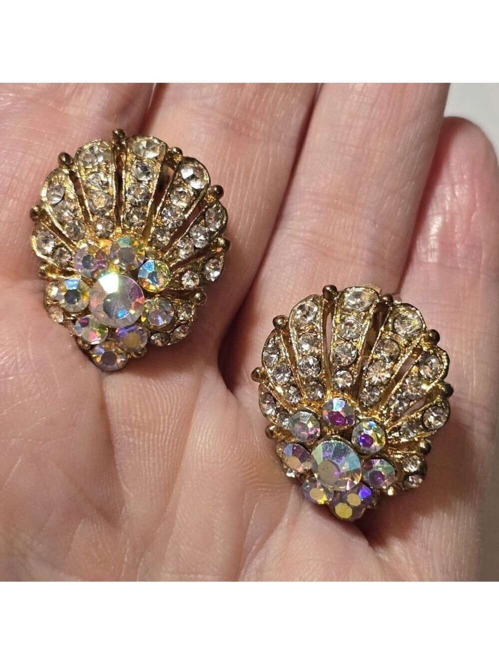 Vintage Clip On Earrings Studded With Aurora Borealis Rhinestones